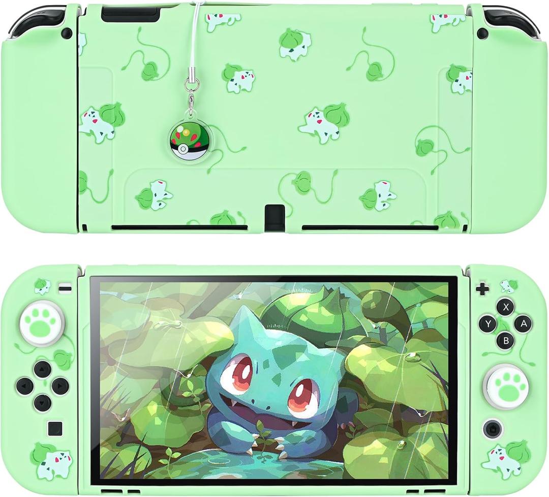 DLseego Dockable Case Design for Switch OLED, Anti-Slip Shock-Absorption Protective Soft Carrying Case and Joy Con Controller with 1 PCS Elf Ball Pendant and 2 PCS Thumb Grip Caps-Green Frog