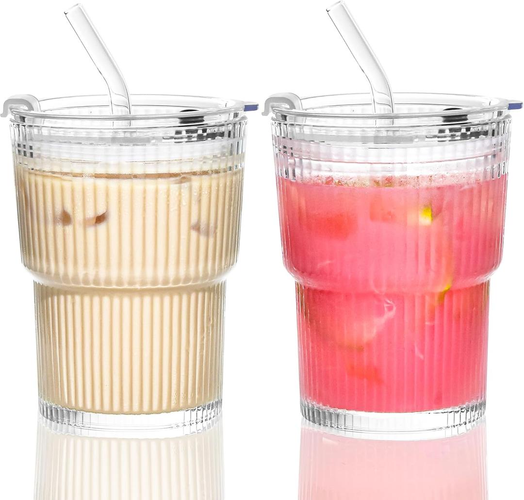 13 oz Glass Cups with Lids and Straws Ribbed Drinking Glasses Cup Leak Proof Iced Coffee Glass Tumbler Set of 2 for Soda Smoothie Juice(Clear*2)