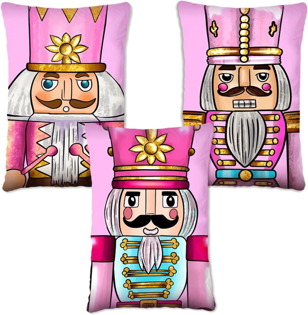 Undergo Merry Christmas Tree Nutcracker Decorative Throw Pillow Covers 12 x 20 Set of 3 - Pink Outdoor Home Decor, Ornaments Winter Holiday Party Decorations Cushion Case