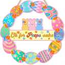 Pink Happy Easter Wreaths for Front Door Peeps Decorations for home Sign Easter Eggs Decor Wooden Wall Decor for Home Office Living Room Bedroom Farmhouse Door Wall Party Supplies 10x10x0.12 inches (Sake)