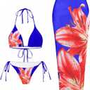 ZAFUL Womens 3pcs Swimsuit Floral Halter Triangle Bikini Top Tie Side Bottom with Long Sheer Cover Up Skirt, Small