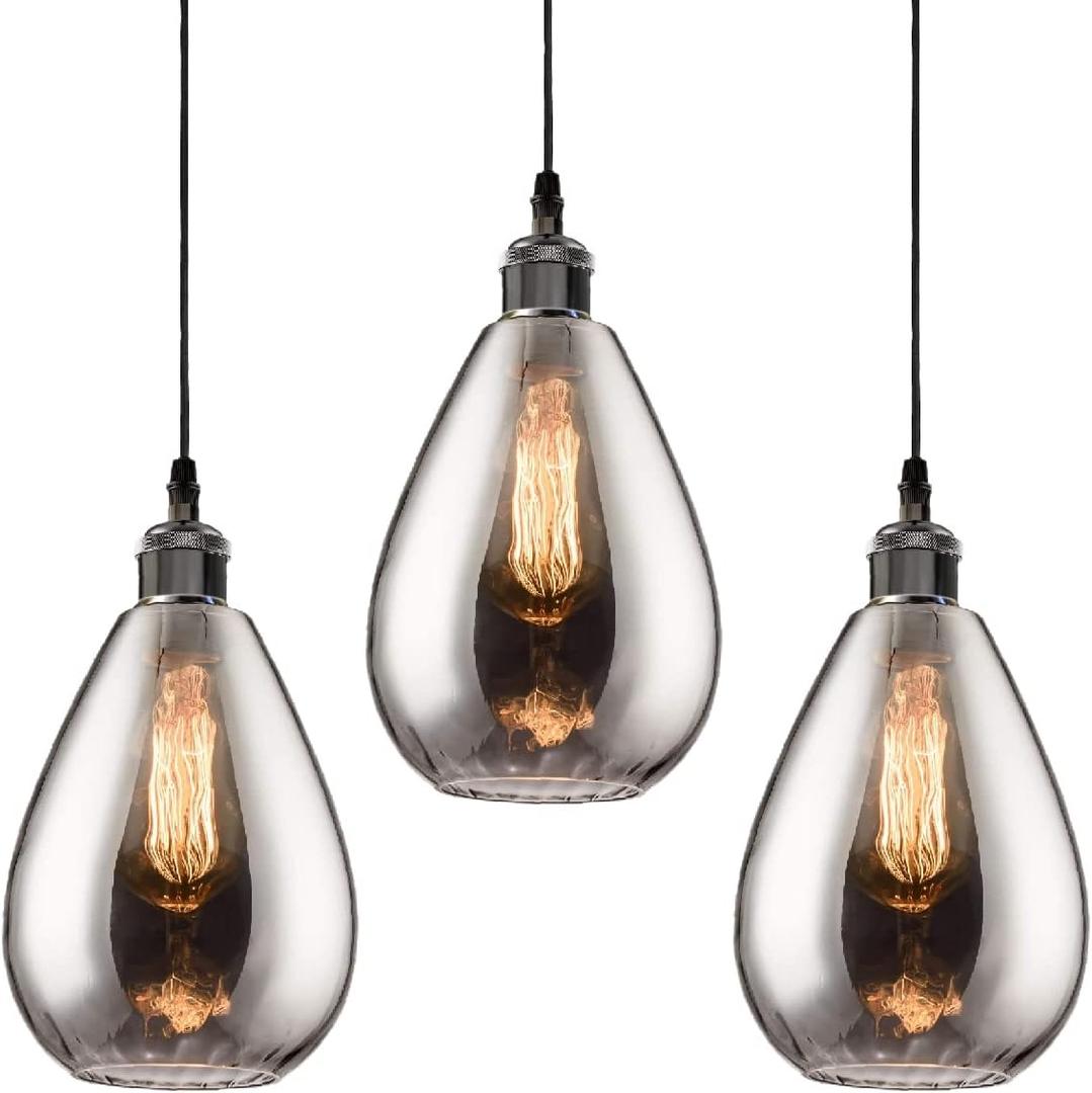 3 Packs Industrial Glass Pendant Lights for Kitchen Island, Modern Teardrop Chrome Mirror Effect Lighting Fixture Edison Hanging Light for Farmhouse Bar Area Over Sink Dining Room (Bulb Not Included)