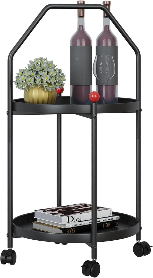 2-Tier Portable Side Table,Modern End Table with Wheels and Armrests,Metal Accent Table for Small Spaces Outdoor Patio,Small Round Nightstand Bedside for Living Room or Bedroom (Black)
