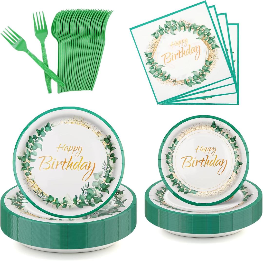 96Pcs Greenery Happy Birthday Plates, Eucalyptus Pattern Paper Plates Napkins Forks Set, Sage Green Modern Dinnerware for 24 Guests, Birthday, Baby Shower Parties