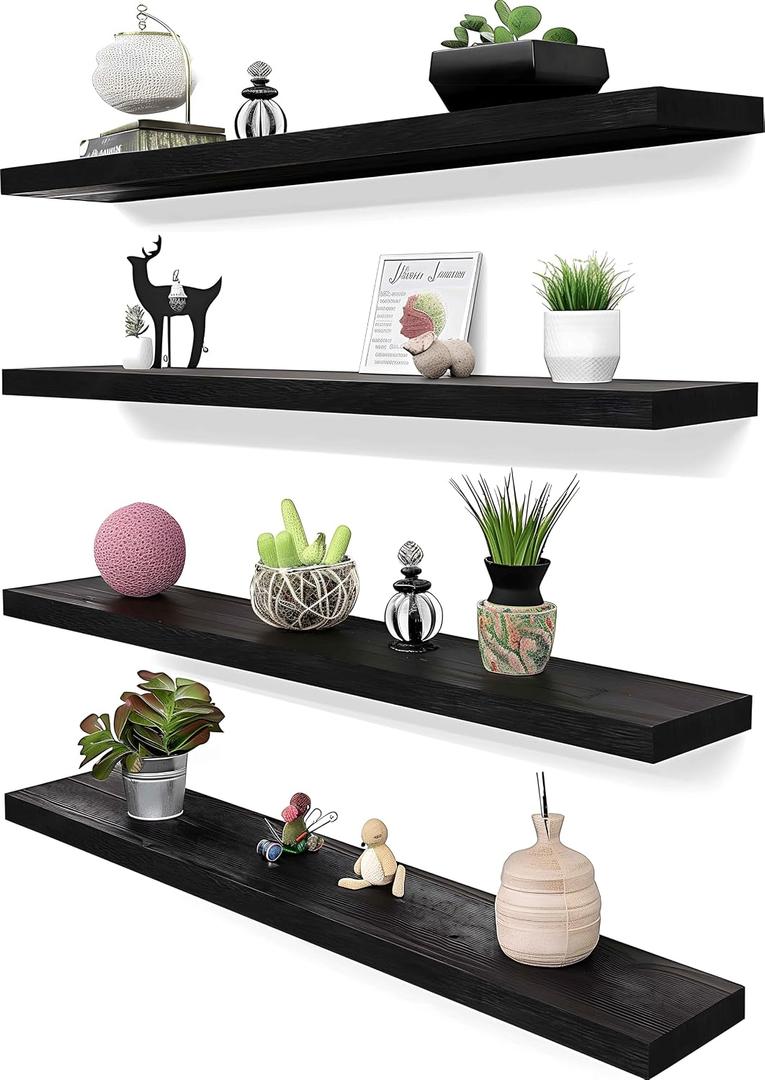 36 Inch Black Wood Floating Shelves for Wall Rustic Wall Shelf for Bedroom Living Room Set of 4, 36Incn