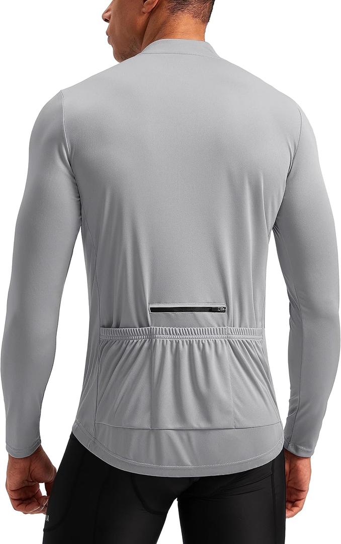 Bikewa Men's Cycling Jersey with 3+1 Rear Zipper Pockets Long Sleeve Moisture Wicking UPF 50+ Half Zip Riding Bike Shirts (Large, Light Grey)