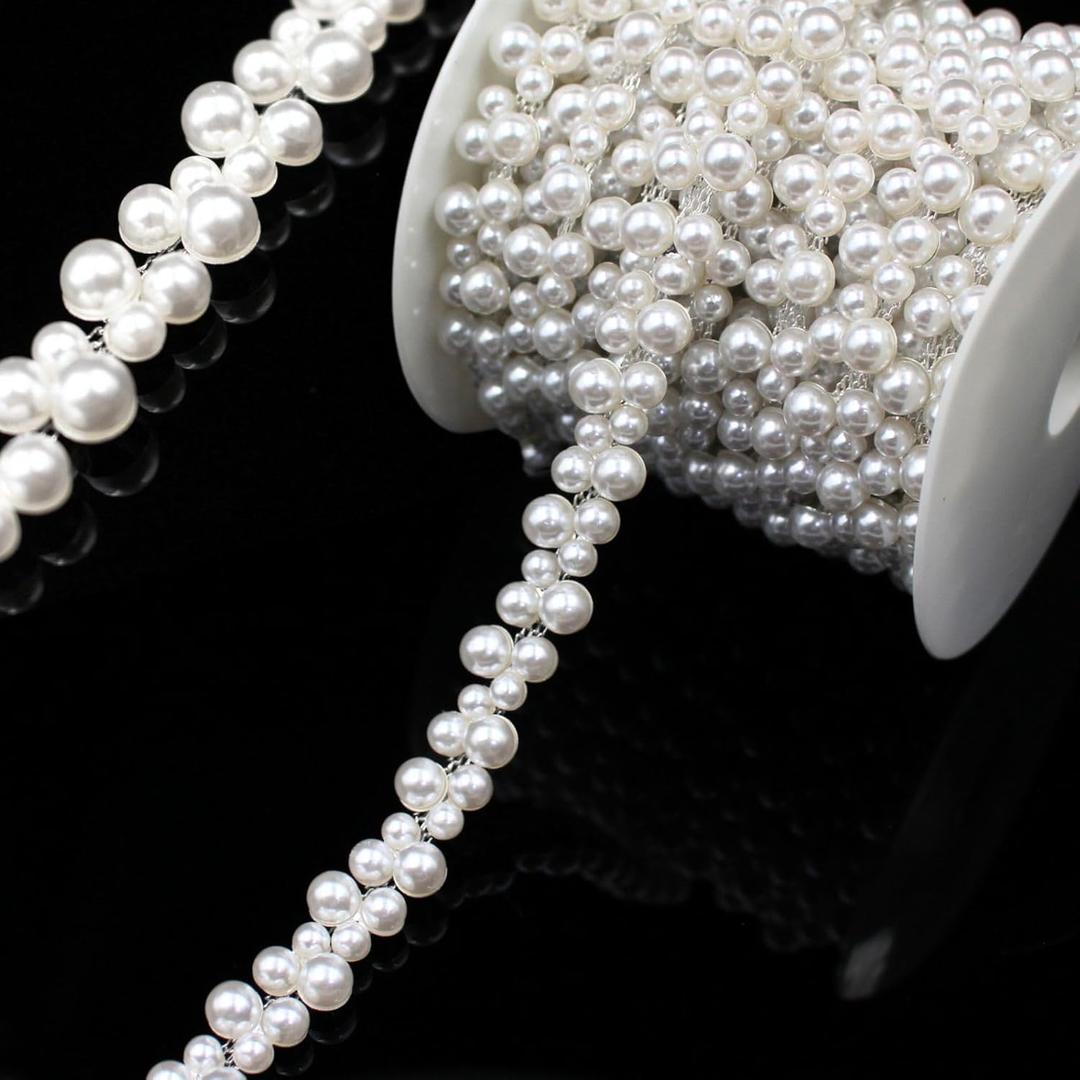 2 Yard Pearl Trim Chain String Silver Applique Fringe Ribbon Strips Beads Sewing Dress DIY Party Wedding Bouquet for Decoration Bridal Costume Embellishment
