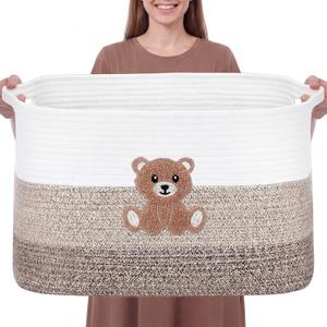 Extra Large Blanket Basket 65L Little Bear Rectangle Woven Storage Basket with Handle for Storing Dirty Clothes Stuffed Animal Toy Storage for Living Room Bathroom 22" x 15" x 12" Brown