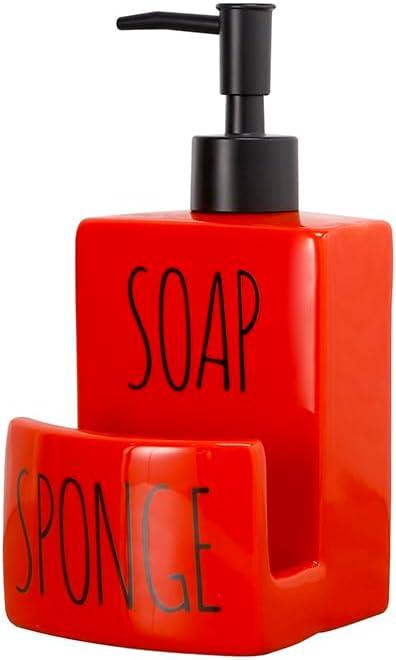 Ceramic soap Dispenser with Sponge Holder for Kitchen Sink Bathroom Counter top Storage and Organization (Red)