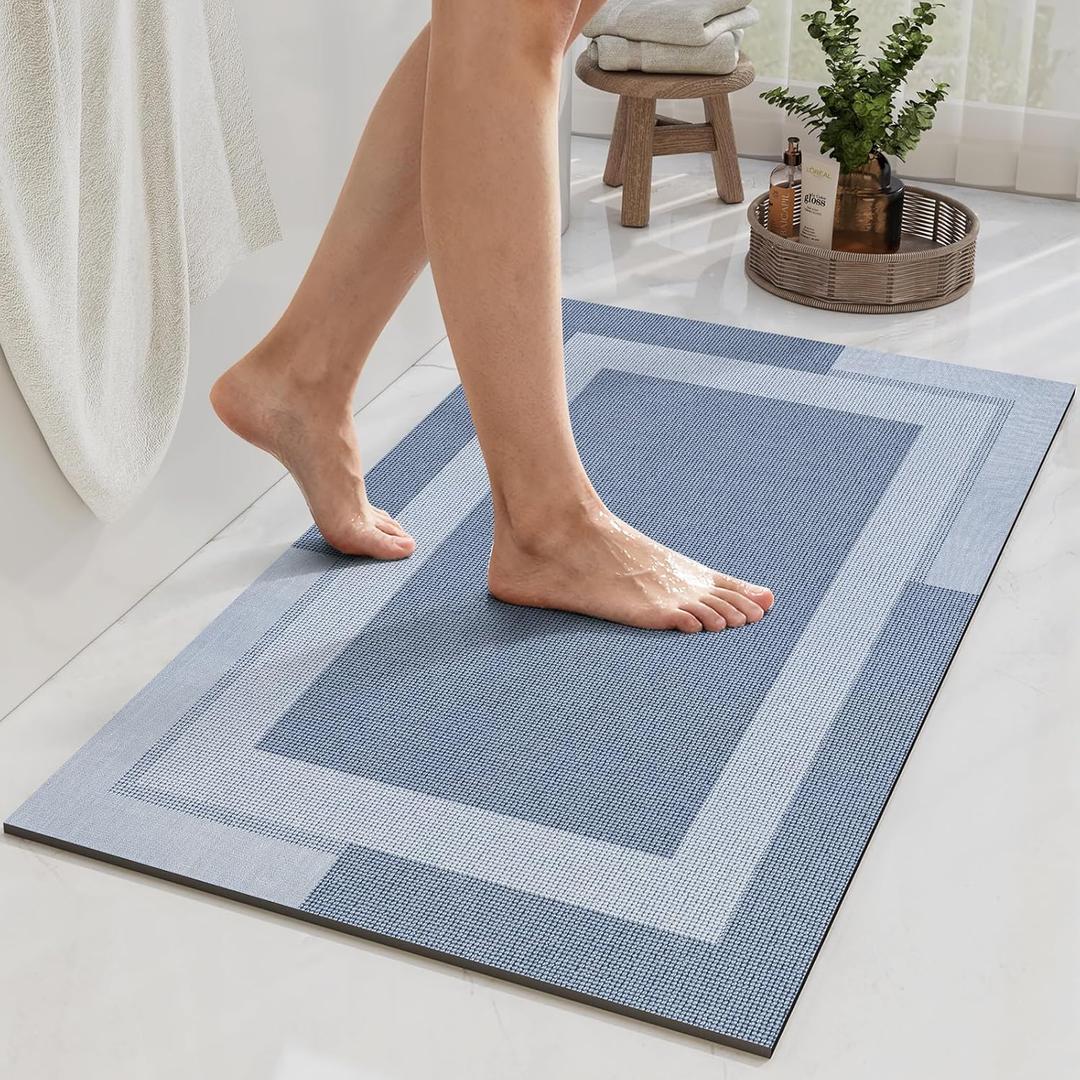 Non Slip Bath Mat, Rubber Backing Ultra Thin Bathroom Rugs Fit Under Door Quick Dry Super Absorbent Washable Bath Rug Shower Mat for Bathroom Floor Bathtub Shower Sink, Easy Care Blue 16"x 24"