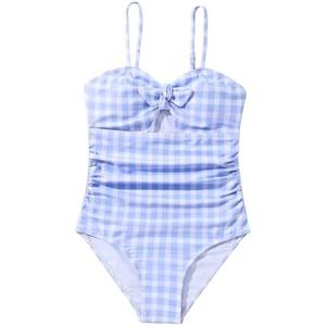 Floerns Girl's Gingham Print Ruched Cut Out Knot Front One Piece Swimsuit 9Y