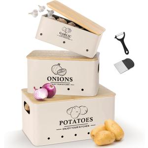 Kitchen Vegetable Storage Set of 3, Metal Onion Garlic Potato Storage Set, Kitchen Canisters Vegetable Keeper Containers with Aerating Holes and Wooden Lid (Beige)