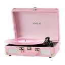 JORLAI Pink Vinyl Record Player 3 Speeds Portable Suitcase Turntable with Built-in Dual Speakers, Bluetooth Gramophone with Built-in Battery 3.5mm Aux Input/ RCA Output