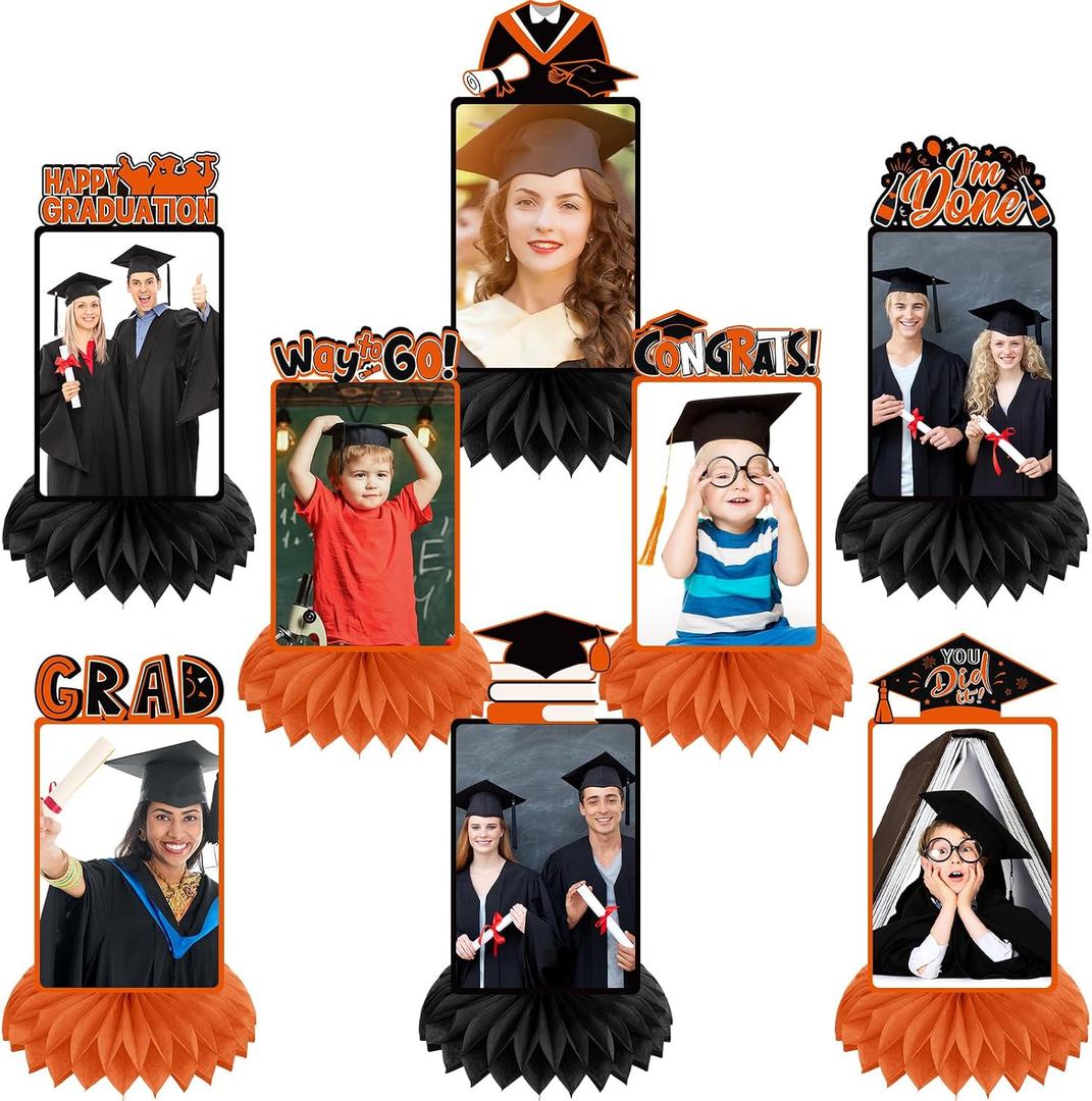 8 Pcs Graduation Party Decorations Class of 2026 Graduation Honeycomb Centerpieces Table Decor Grad Photo Display Congrats Grad Table Toppers for Party Favor(Black Orange)