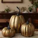 Janinka 3 Pcs Fall Antique Gold Pumpkin Decor Vintage Retro Fake Pumpkin Figurines Fall Thanksgiving Pumpkins for Home Decor Farmhouse Harvest Halloween Table Centerpiece