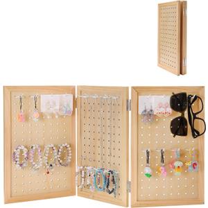 Wooden Foldable and Portable 3-Panel Pegboard Jewelry Display Organizer with 24 Removable White Metal Hooks for Bracelets, Earrings and Keychains, Versatile Countertop Rack for Store