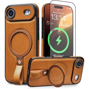 for iPhone Air Leather Case with Stand, Anti-Slip Grip Ring, Fits for MagSafe (Brown, IP Air-6.5inch)