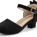 PANDANINJIA Girls Heels Sandals Toddler Flower Girl Dress Shoes Princess Mary Jane Pumps Low Heel Wedding Party Wendy Shoes for Little Kid/ Big Kid Size 3, Black Suede