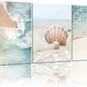 3pcs Beach Coast Canvas Wall Art Summer Beach Ocean Waves Shells Starfish Print Decoration Painting Blue Ocean Posters Prints for Living Room Bedroom Kitchen Sea View Room Wall Decor 16×24Inch, 16×24Inch Framed