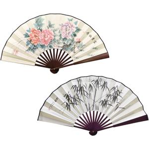 2 Pcs Large Folding Hand Fans,13 inch Bamboo Fabric Fans with Chinese Traditional Painting for Performance,Decorations (Bamboo & peony)