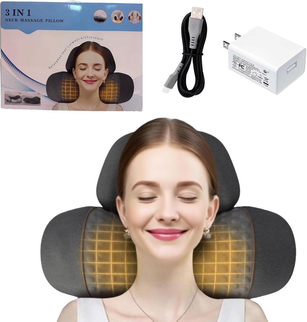3-in-1 Neck Massage Pillow with Heat, Cervical Support Memory Foam Pillow for Shoulder and Neck Relaxation (Dark Gray)