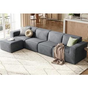 LINSY HOME Modular Sectional Sofa, 134" Boneless Couch L Shaped 4-Seat Sofa with Movable Ottoman, Corduroy Sectional Cloud Couches for Living Room, No Assembly Required, Bluish Grey