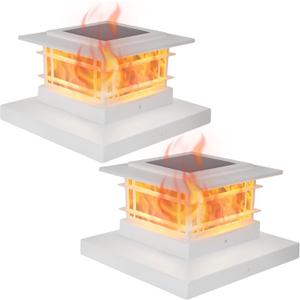 Dynaming 2 Pack Solar Post Cap Lights Outdoor with Flickering Flame Light, White Shell Fence Post Solar Lights Fit 4x4 5x5 Vinyl/Wooden Posts, Brightness LED Lighting Decor for Garden Deck Patio