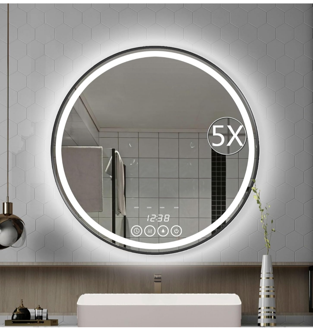 Msrorriw 28 Inch Wall-Mounted Round Bathroom Mirror with LED-Lights - Frame Vanity Mirrors (28" x 28", Black)