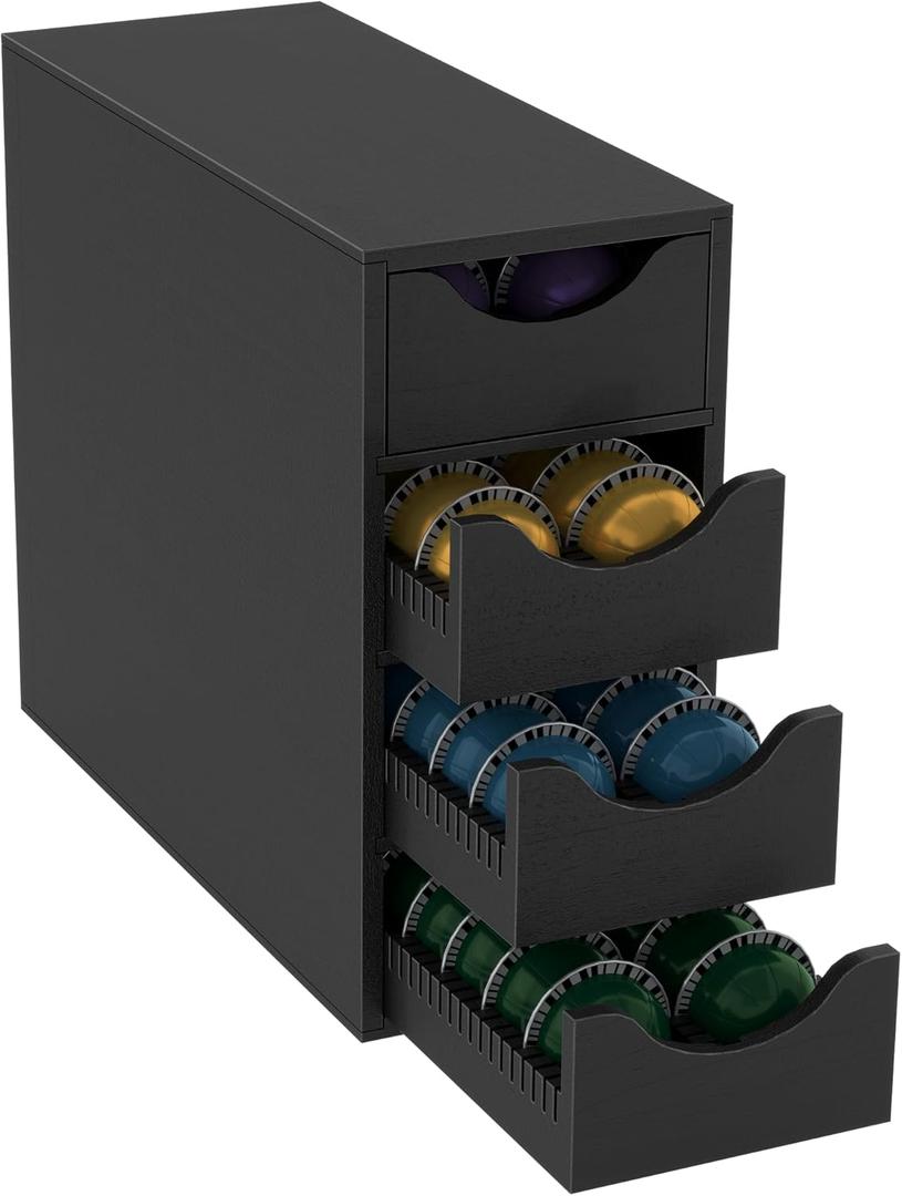 Suli Coffee Pod Holder, Coffee Capsule Storage Organizer,Coffee Pod Organizer for Countertop,Storage Rack with Drawer, 4 Tier,104 Pods,Wood,Black