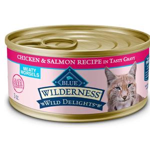 Blue Buffalo Wilderness Wild Delights High Protein Grain Free, Natural Adult Meaty Morsels Wet Cat Food, Chicken & Salmon 3-oz cans (Pack of 24)