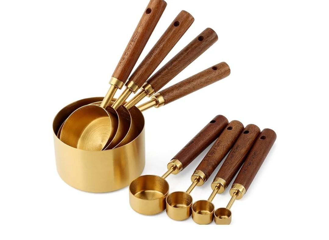 Measuring Cups and Spoons Set 4 Piece, Food-Grade Golden Nonstick with Non-Slip Wooden Handle, Engraved US/Metric Markings for Cooking Baking