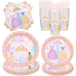 175Pcs Princess Paper Plates Napkins, Princess Themed Birthday Party Decorations Pink Party Supplies Disposable Dinnerware Set Plate, Utensils, Cup, Napkin, Tableware Set, Serve 25 Guests