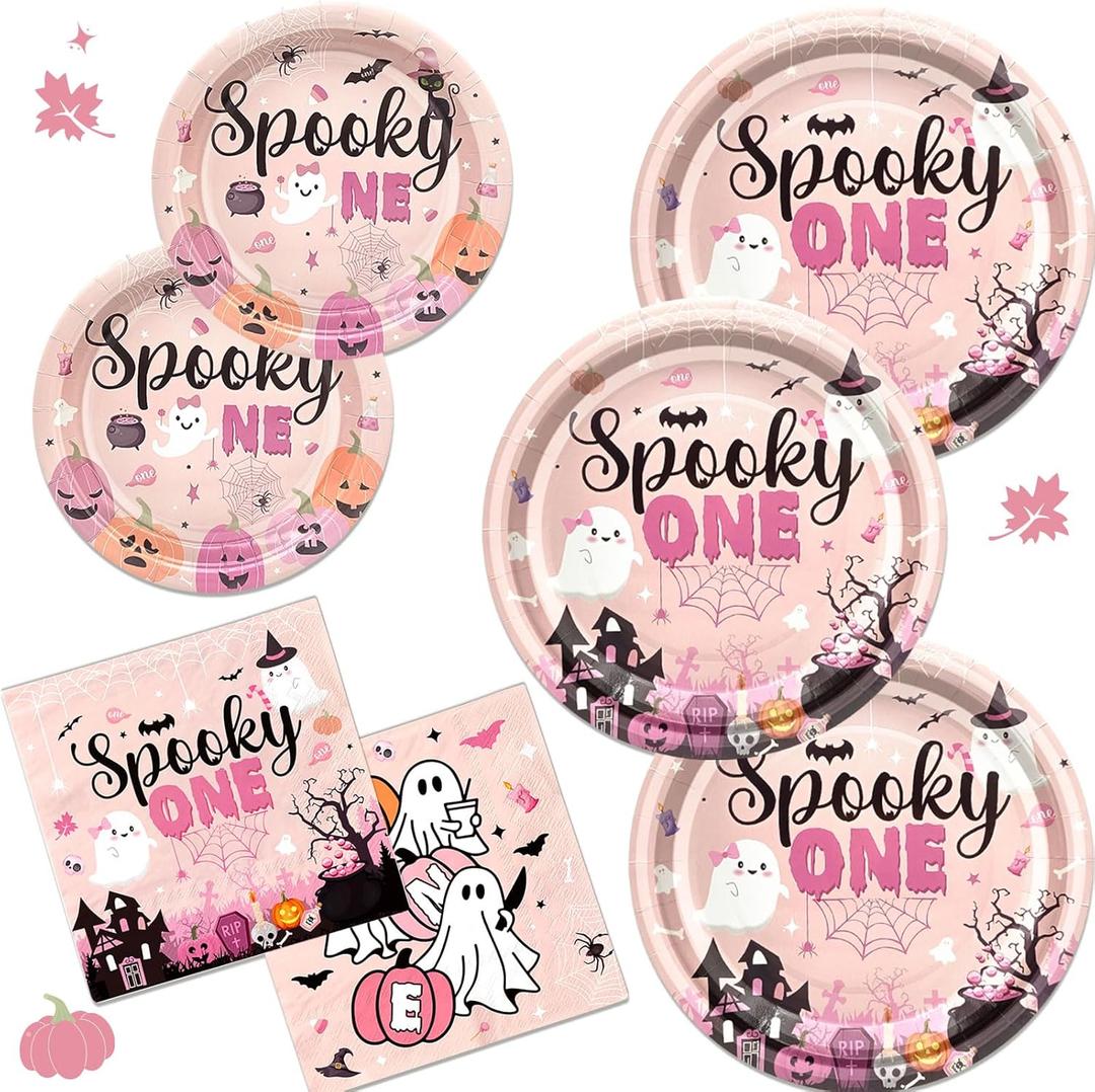 182Pcs Spooky One Birthday Decorations Girl Halloween 1st Birthday Party Decorations with Pink Plates and Napkins for Halloween Decorations Girl