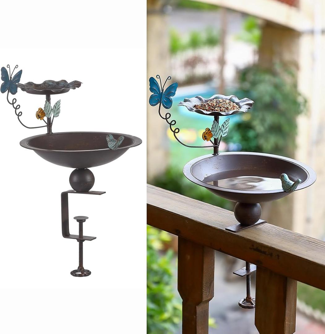 Bird Bath and Feeder for Deck Railing, 2 in 1 Deck Mounted Balcony Birdbath with Vivid Butterfly Decor, Metal Bird Bath for Outdoors Porch Patio Garden (Antique Brown-753)