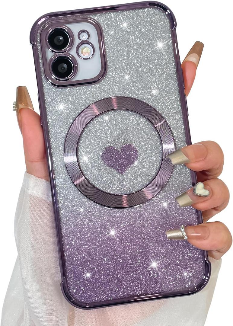 Bonoma Magnetic Glitter for iPhone 12 [ Compatible with MagSafe ], Luxury Love Heart Pattern Plating Bling Clear Case,Camera Protection Sparkly Slim Soft Back Cover for Women Girls,Purple
