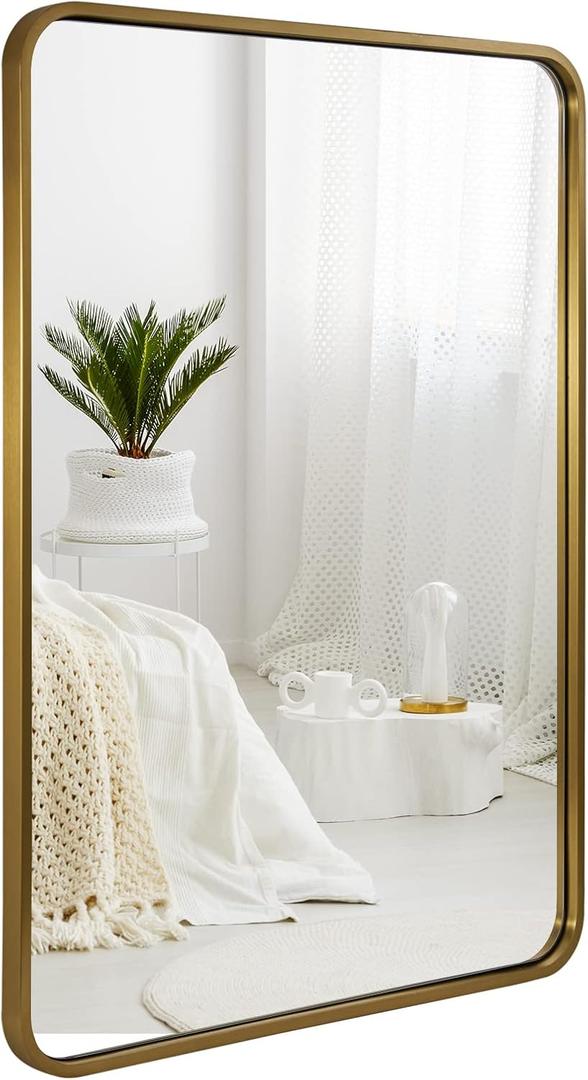 ANDY STAR 24x32 INCH Gold Bathroom Mirror, Brushed Brass Mirror, Rounded Rectangle Mirrors, Anti-Rust SUS304, Tube Metal Framed, 1 Deep Wall Mounted Vertically/Horizontal