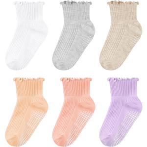 Cooraby 6 Pairs Toddler Ruffle Socks with Anti Slip Frilly Cute Cotton Dress Socks for Baby Girls 6M-6Y (1-2T, Mixed Colors 1)