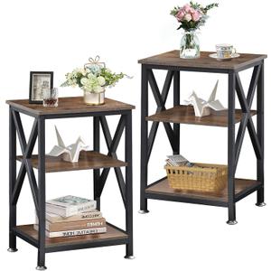End Tables Living Room Set of 2 Farmhouse, Side Table with Storage Shelf, 16" W x 12" D x 24" H, X-Shaped Night Stands for Bedrooms, Espresso Side Table, End Tables Wood and Metal