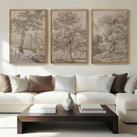 Extra Large Wall Art Framed Vintage Tree Sketch Antique Botanical Forest Prints Rustic Farmhouse Nature Decor for Living Room Bedroom Office 24"x36" Set of 3