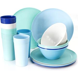 Youngever 18 Piece Plastic Kitchen Dinnerware Set, Plates, Dishes, Bowls, Cups, Service for 6 (Coastal Colors)