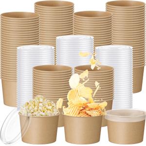 Yungyan 100 Pcs Kraft 8 oz Ice Cream Bowls with Lids Disposable Paper Snack Bowls Soup Containers Dessert Cups for Cold Hot Food Birthday Party Supplies (Classic Style)