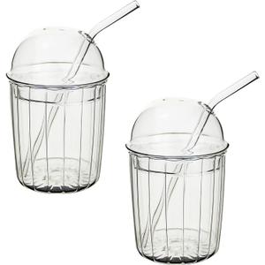 Moiitee 2 Packs 15oz Glass Tumblers with Bubble Lid & Straw - Reusable Iced Coffee Cups, Bubble Tea Cups with Dome Lid, Cute Drinking Cups for Smoothies, Home Office Bar, Dishwasher Safe