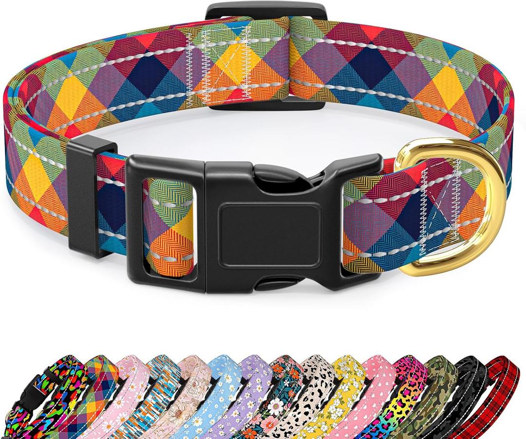 Reflective Dog Collar for Medium Dogs, Cute Boho Adjustable Heavy-Duty Nylon Puppy Collar for Boy and Girl Female, Soft Pet Accessories with Quick Release Buckle, Colorful Tartan (M (Neck 14-20", Width 1"))