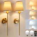 Battery Operated Wall Sconces Set of 2, Wireless Rechargeable Wall Lights with Remote, 5200mAh Dimmable LED Bulbs, 3 Color Temperatures, Gold Wall Sconce for Bedroom, Living Room, Hallway, 24 Inch