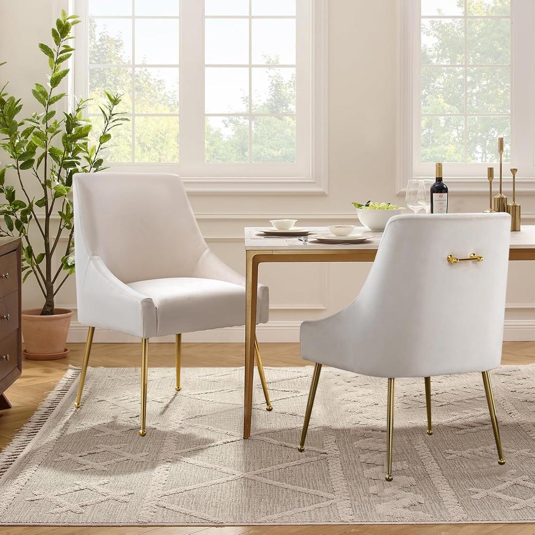 Velvet Dining Chairs Set of 2, Upholstered Dining Chairs with Polished Gold Metal Legs,Farmhouse Kitchen Side Chairs, Vanity Chairs, Accent Chair for Kitchen/Restaurant/Cafe(Beige)