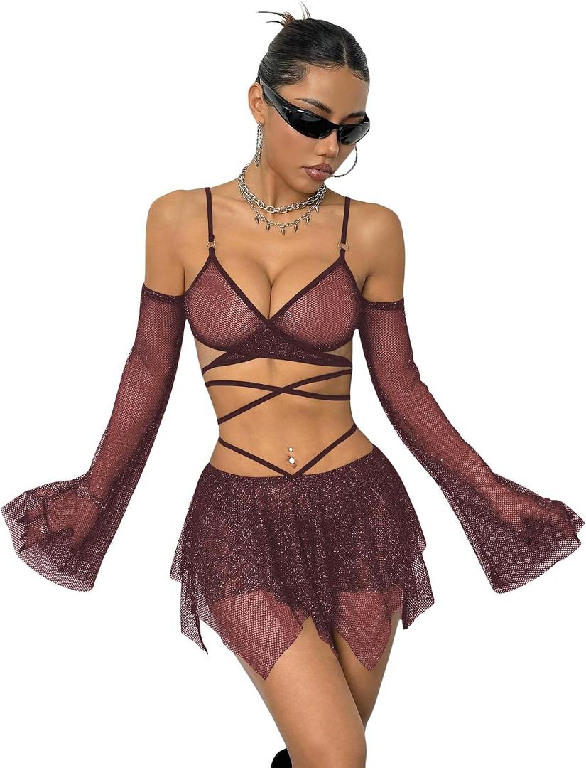 OYOANGLE Women's 2 Piece Mesh Sheer Criss Cross Crop Top and Asymmetrical Mini Skirt Party Rave Outfits Medium