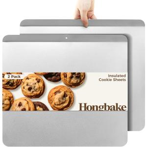 HONGBAKE 2 Pieces Large Flat Cookie Sheet No Edges, Nonstick Insulated Baking Pan, Commercial Oven Trays for Cooking, 16" X 14", Grey