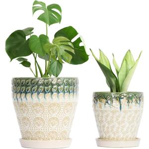 Ceramic Planter Pots for Indoor Plants, 8Inch + 6 Inch Plant Pot with Drainage Holes, Saucers and Mesh Pads, Succulent Orchid Flower Pot -Set of 2 (Green+white)