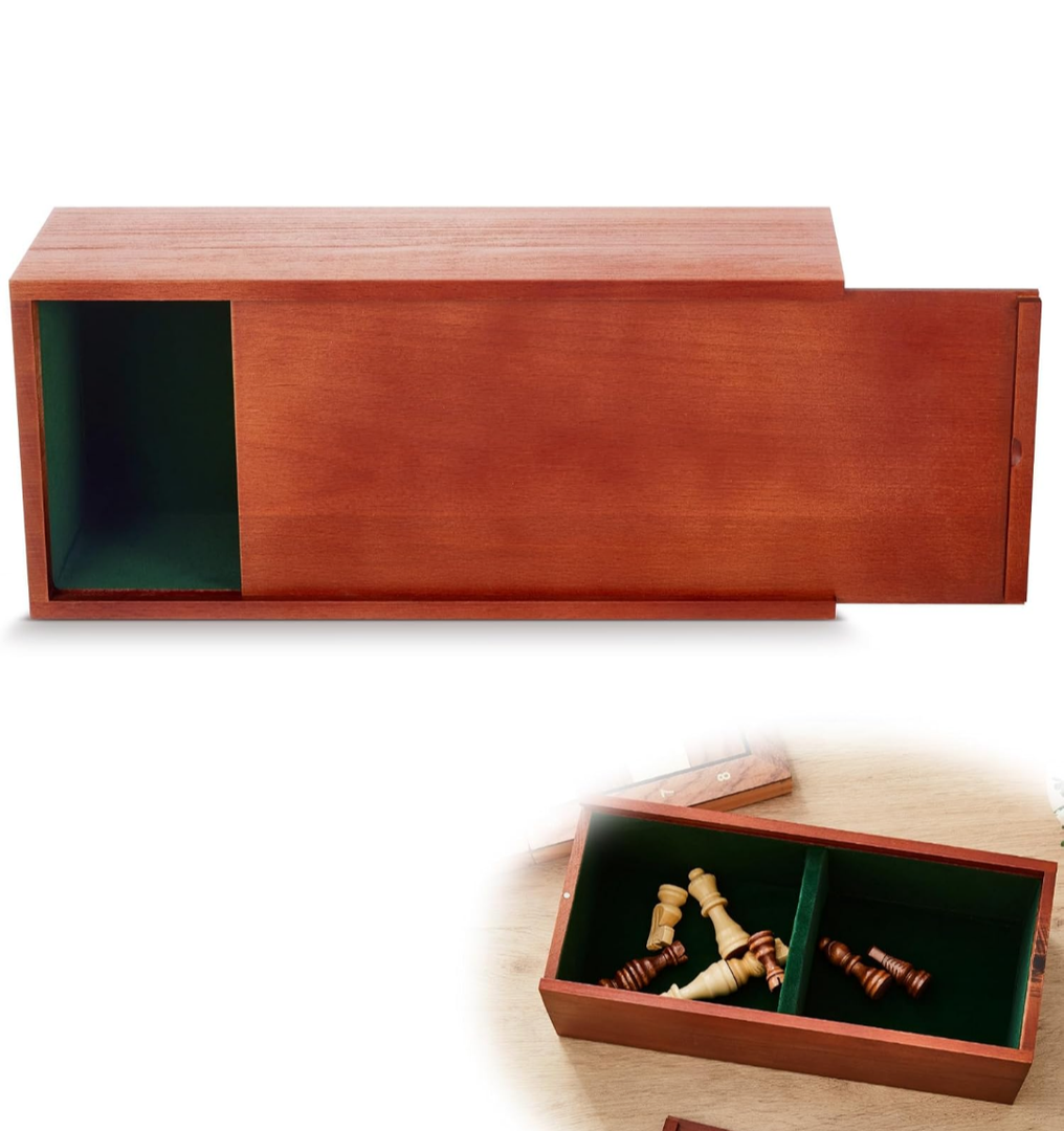 Heavy Slide-top Chess Pieces Storage Box Wooden Case Only 12.5 x 5.5 x 4 Inches with Flannel Lining with 2 Large Storage Compartments Hold a Set of Chess Pieces from 3.0" to 4.4" (CRACKED)
