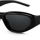 FEISEDY Y2K Wrap Around Fashion Sunglasses for Women Men Trendy Futuristic 2000s Accessories Oval Sunglasses B1088 (Black Frame Grey Lens)